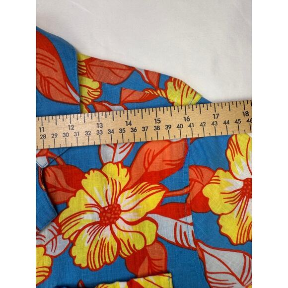 Faherty Linen Blend Floral Camp Shirt Button Blue Yellow Orange Womens Size 2 - Picture 9 of 10